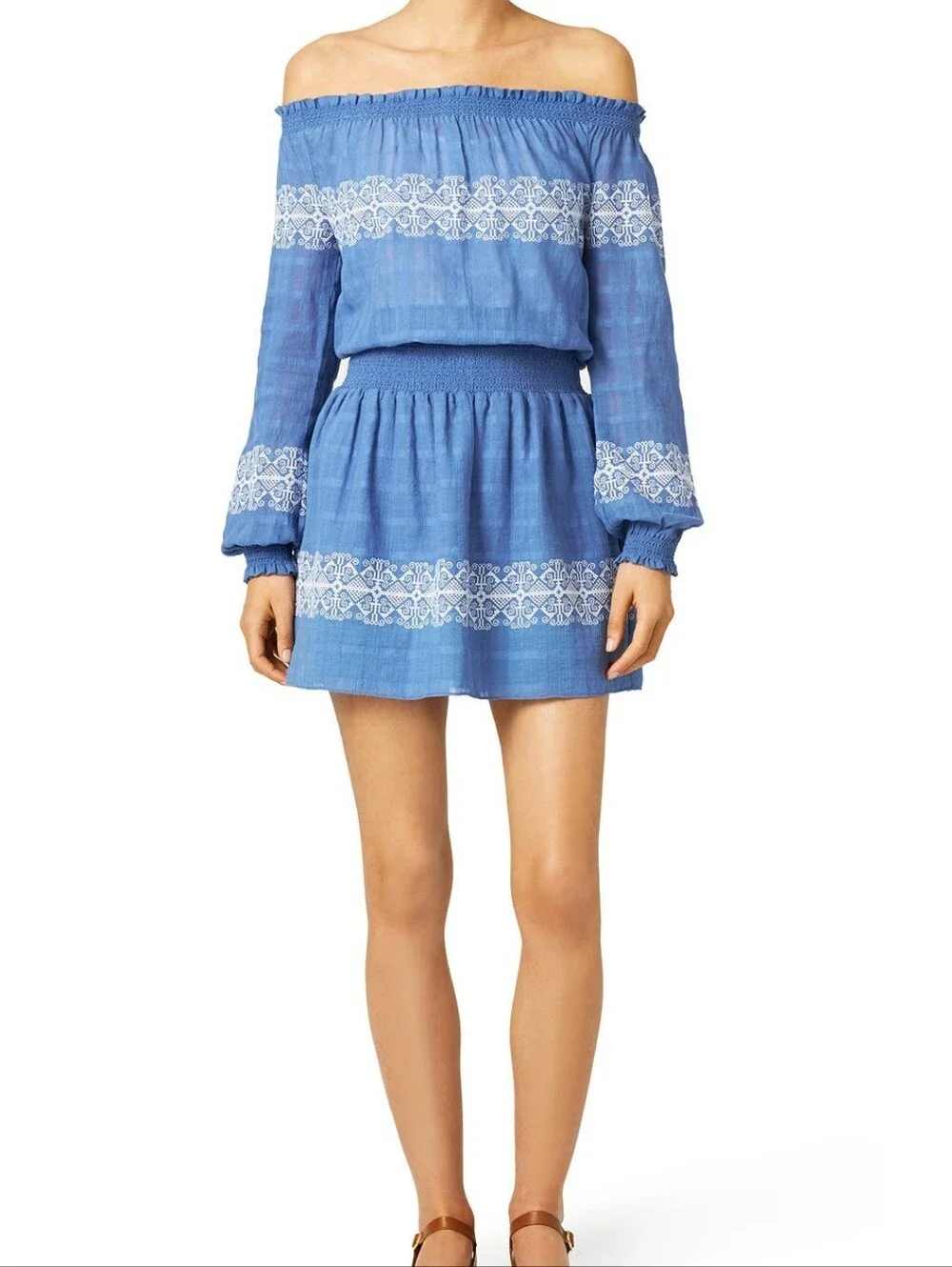 Tory Burch Loretta Tunic Blue Off-the-Shoulder Embroidered Dress Size Medium